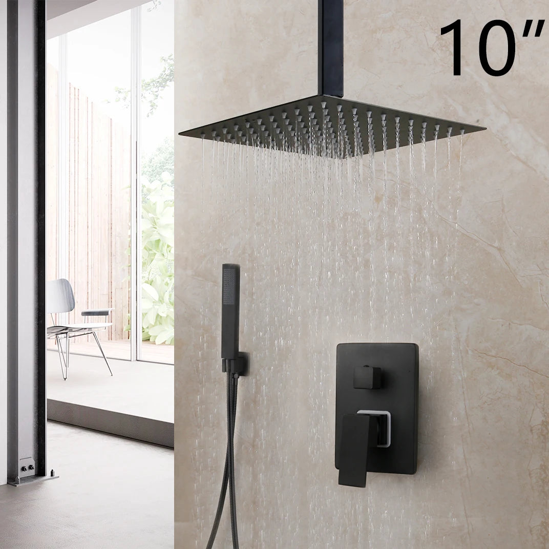 KEMAIDI Matte Black Bathroom Shower Faucet Rainfall Tub LED Bathtub Shower Systerm Rain Square Shower Head Waterfall Mixer Tap