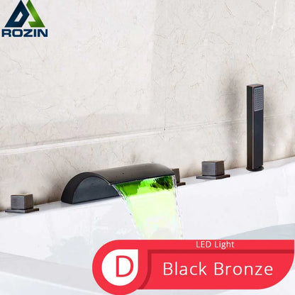 Bronze Black Waterfall Bathtub Faucet Led Light Bathtub Shower Mixer Set Deck Mounted 5Pc Widespread Bath Tub Sink Faucet