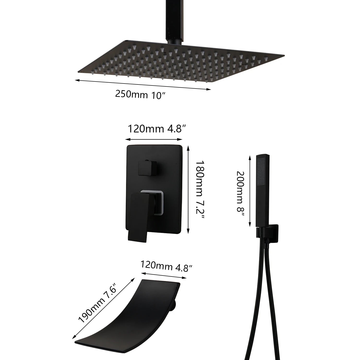 KEMAIDI Matte Black Bathroom Shower Faucet Rainfall Tub LED Bathtub Shower Systerm Rain Square Shower Head Waterfall Mixer Tap