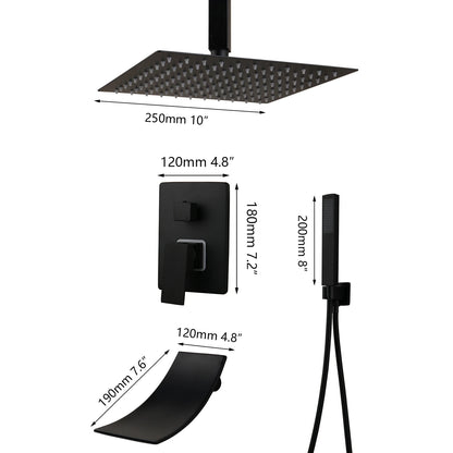 KEMAIDI Matte Black Bathroom Shower Faucet Rainfall Tub LED Bathtub Shower Systerm Rain Square Shower Head Waterfall Mixer Tap