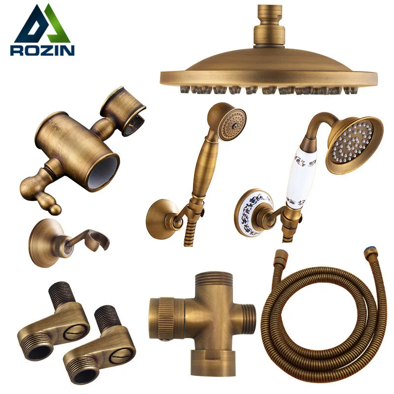 Antique Brass Rainfall Shower Head 3-Way Faucet Diverter Valve Wall Mount Brass Fixer Bracket Handshower Brass Shower Arm