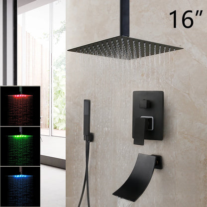 KEMAIDI Matte Black Bathroom Shower Faucet Rainfall Tub LED Bathtub Shower Systerm Rain Square Shower Head Waterfall Mixer Tap