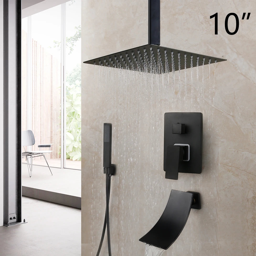 KEMAIDI Matte Black Bathroom Shower Faucet Rainfall Tub LED Bathtub Shower Systerm Rain Square Shower Head Waterfall Mixer Tap