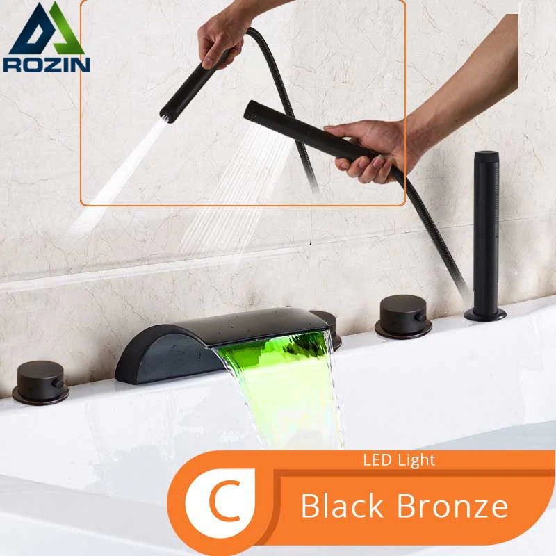 Bronze Black Waterfall Bathtub Faucet Led Light Bathtub Shower Mixer Set Deck Mounted 5Pc Widespread Bath Tub Sink Faucet