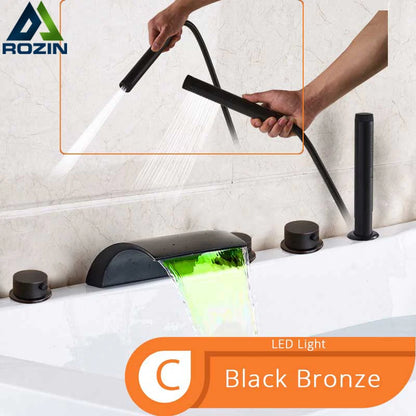 Bronze Black Waterfall Bathtub Faucet Led Light Bathtub Shower Mixer Set Deck Mounted 5Pc Widespread Bath Tub Sink Faucet