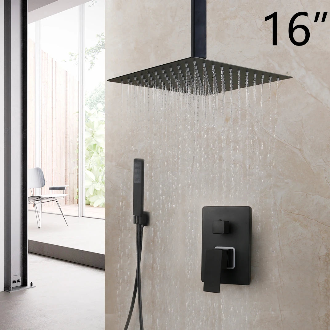 KEMAIDI Matte Black Bathroom Shower Faucet Rainfall Tub LED Bathtub Shower Systerm Rain Square Shower Head Waterfall Mixer Tap
