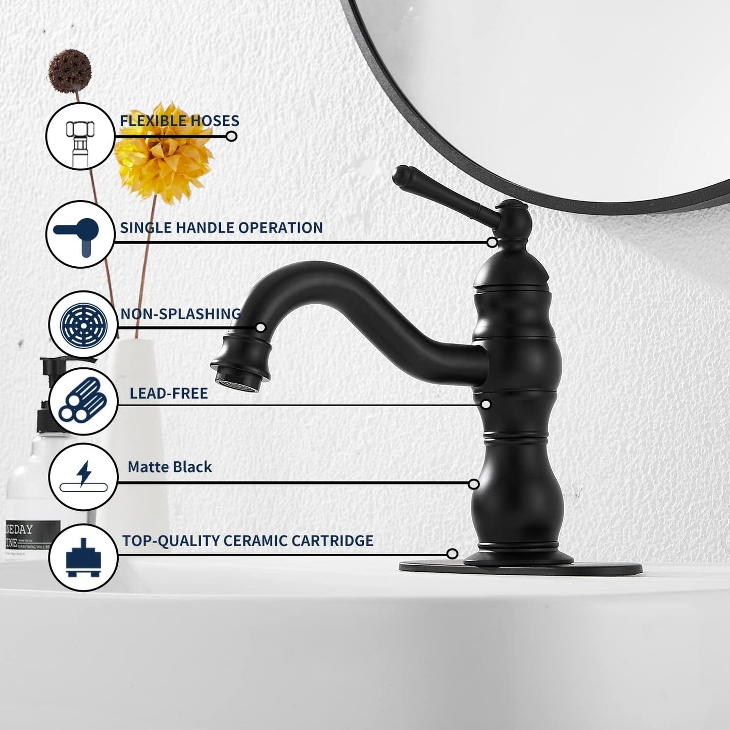 Matte Black Bathroom Faucet  360° Swivel Bathroom Vanity Faucet Single Handle One Hole Black Bathroom Sink Faucet Basin Matching Pop up Drain with Overflow